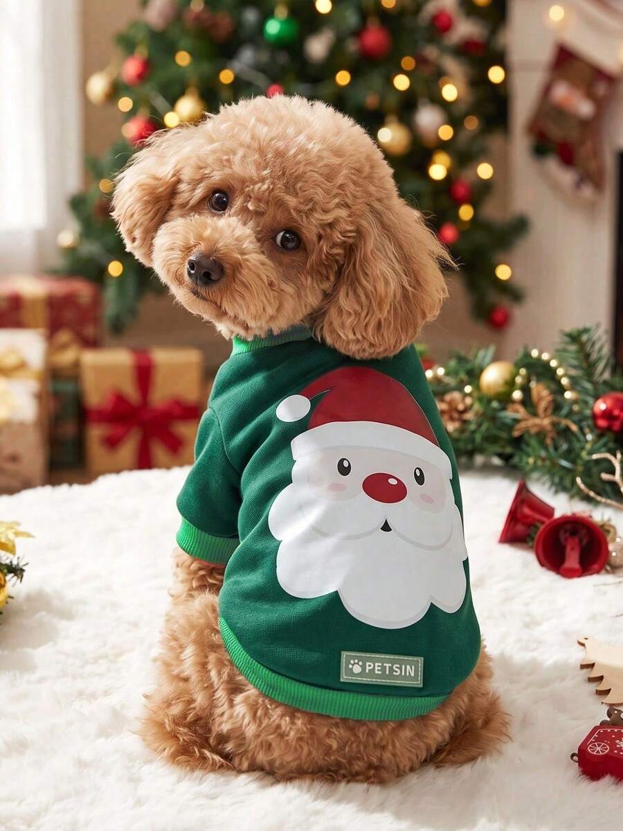 PETSIN 1pc Pet Santa Claus Cute Print Green Dog Crew Neck Fleece Warm Sweatshirt - Multicolor - View 1