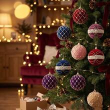 9Pcs 8cm Velvet Shatterproof Ornament Set Gold Bead Floral Pattern Christmas Tree Hanging Decorations For Holiday Party Home Winter Festival Xmas Decor. - multicolor - View 2