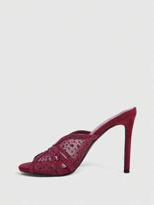 CUCCOO SZL Women's New Burgundy Round Toe Mesh Rhinestone Elegant Elegant Open Toe High Heel Sandals, Suitable For Daily Commute, Outings, Parties, Gatherings And Balls - burgundy mesh - View 9