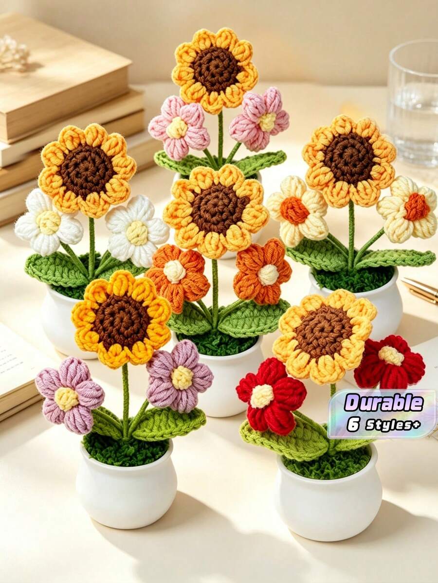 1件手工鉤編向日葵迷你盆栽裝飾品，編織仿真花盆，彩色花卉桌面裝飾，可愛辦公桌擺件，居家辦公室裝飾，甜美生日節日禮物 - 多色8 - 查看 1