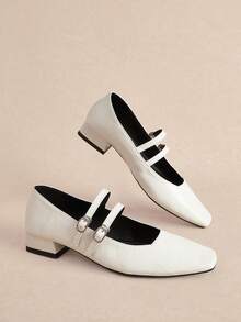 Rosivie French Small Square Toe Simple White Mary Jane Commuter Versatile Word With Thick Heel Women's Shoes Fall Shoes - White - View 7
