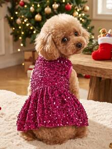 PETSIN Fuchsia Sequin Princess Dress Pet Clothes, For Cats And Dogs, Christmas Party Attire - Rose Red - View 5