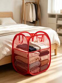 Large Foldable Fine Colorful Mesh Laundry Basket Portable Storage Basket Household Clothes Organizer For Home Bedroom Bathroom Tidying - Red - View 4
