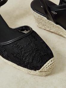 Styleloop Spring And Summer Casual Hemp Rope Bottom L Black Lace Mesh Ankle Strap Women's Slope Heel Platform Sandals Daily Commute Simple Vacation Travel Pasto - Black - View 4