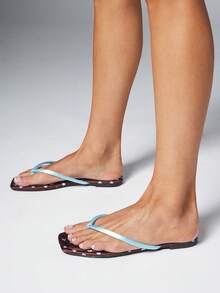 SHEIN Solezae Women Comfortable Polka Dot Print Classic Thong Flat Sandals - brown and blue - View 2