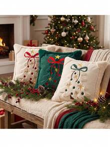 Cirelle 1pc/2pcs Christmas Decorative Pillow Cover, Cream White Textured Throw Pillow Case With Embroidered Christmas Tree, Cozy Festive Cushion Cover For Sofa Bed Holiday Home Decor - Beige - View 8