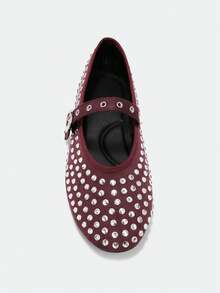 Maija Women's Rhinestone Buckle Shiny Flat Casual Shoes - Burgundy - View 4
