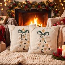 Cirelle 1pc/2pcs Christmas Decorative Pillow Cover, Cream White Textured Throw Pillow Case With Embroidered Christmas Tree, Cozy Festive Cushion Cover For Sofa Bed Holiday Home Decor - Beige - View 9