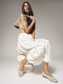 SHEIN VACAZURE #CleanGirl 女款方頭編織細PU骨感芭蕾平底鞋，優雅弧形領口設計，極簡女性風時尚款 - 米色 - 查看 5