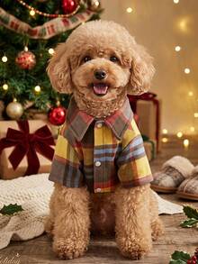 PETSIN 1pc Christmas Pet Plaid Fleece Patchwork Shirt, Warm For Autumn/Winter - Multicolor - View 3