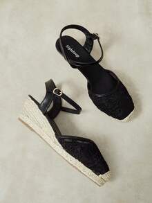 Styleloop Spring And Summer Casual Hemp Rope Bottom L Black Lace Mesh Ankle Strap Women's Slope Heel Platform Sandals Daily Commute Simple Vacation Travel Pasto - Black - View 6