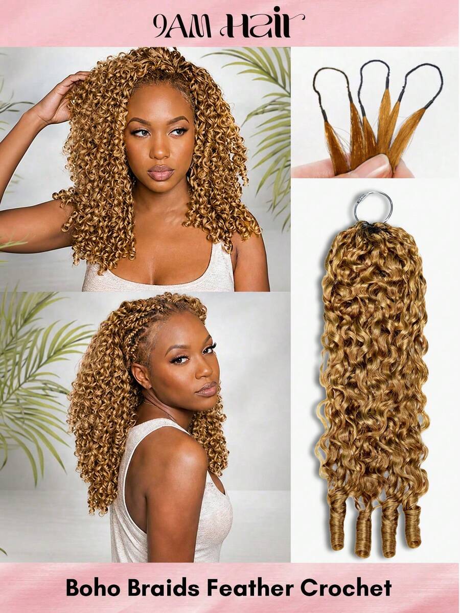 Boho Braids S27 蜂蜜金色捲髮未氈化假髮 羽毛鉤編真人髮接髮 適用於 Miracle Knots 柔軟蓬鬆質感 輕盈自然外觀 易安裝可重複使用 16-24 英吋 - S27 - 查看 1