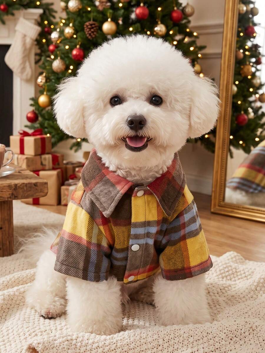 PETSIN 1pc Christmas Pet Plaid Fleece Patchwork Shirt, Warm For Autumn/Winter - Multicolor - View 1