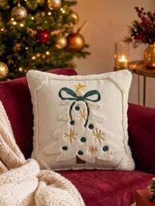 Cirelle 1pc/2pcs Christmas Decorative Pillow Cover, Cream White Textured Throw Pillow Case With Embroidered Christmas Tree, Cozy Festive Cushion Cover For Sofa Bed Holiday Home Decor - Beige - View 1