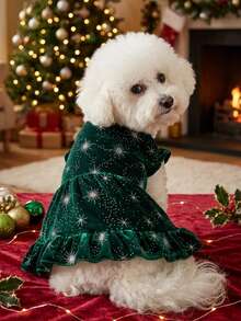 PETSIN 1pc Premium Pet Snowflake & Star Print Velvet Dress, Christmas, Green - Multicolor - View 5
