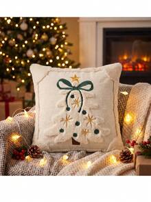 Cirelle 1pc/2pcs Christmas Decorative Pillow Cover, Cream White Textured Throw Pillow Case With Embroidered Christmas Tree, Cozy Festive Cushion Cover For Sofa Bed Holiday Home Decor - Beige - View 6