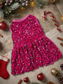 PETSIN Fuchsia Sequin Princess Dress Pet Clothes, For Cats And Dogs, Christmas Party Attire - Rose Red - View 2