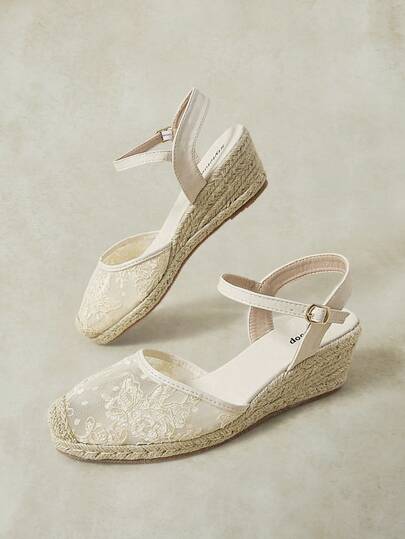 Styleloop Spring And Summer Casual Hemp Rope Sole Apricot Lace Mesh Ankle Strap Women's Slope Heel Platform Sandals Daily Commute Simple Vacation Travel Pastora