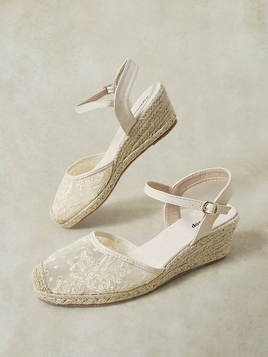 Styleloop 春夏休閒麻繩底杏色蕾絲網眼踝帶女款斜跟厚底涼鞋，適合日常通勤、簡單度假旅行、田園風 - 杏色 - 查看 1