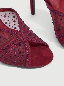 CUCCOO SZL Women's New Burgundy Round Toe Mesh Rhinestone Elegant Elegant Open Toe High Heel Sandals, Suitable For Daily Commute, Outings, Parties, Gatherings And Balls - burgundy mesh - View 10