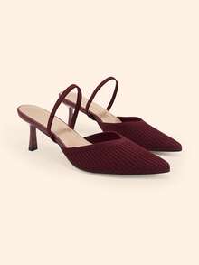 CUCCOO BASICS Women's Pointed Toe Burgundy Knit V-Neck Backless High Heel Pumps, Elegant Breathable Daily Commute Shoes - Burgundy - View 3