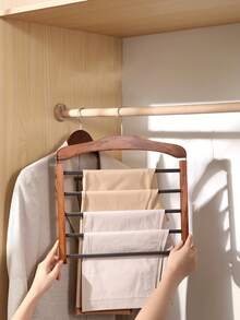 Multi-Layer Wooden Pants Hanger, Solid Wood Space Saving Closet Organizer, Non-Slip Multifunctional Storage Rack For Pants, Jeans, Skirts And Scarves, Wardrobe Bedroom Closet Organization, Home Storage Essentials, 1 Pack - Multicolor - View 2