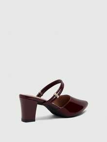 CUCCOO BIZCHIC Double Thin Belt Metal Buckle Pointed Toe Wedge Heel Middle Heel Retro Glossy Burgundy Mules Commuter Wear Slippers Fall Shoes - Burgundy - View 6