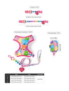 SHEIN X Care Bears Cartoon Bear & Heart Printed Pet Harness Leash 4Pcs Set, Adjustable Vest Harness, Leash, Collar & Poop Bag Pouch, Walking Gear For Dogs & Cats, Multiple Sizes Available - Multicolor - View 7