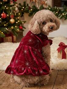 PETSIN 1pc Luxury Pet Velvet Snowflake & Star Print Dress, Christmas Outfit - Multicolor - View 3