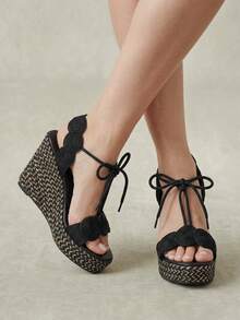 Styleloop Women's Woven Lace-Up Wedge High Heel Sandals, Bohemian Style Black Rope Braided Thick Sole Sandals, Vacation Beach Party - Black - View 3