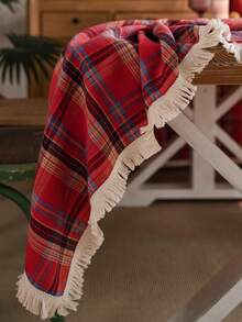 Cirelle Christmas Plaid Tablecloth With Fringe - Festive Red Tartan Plaid Table Cover, Washable Holiday Table Cloth With Tassels For Dining Room, Kitchen & Party - Red - View 6