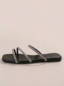 Eladyva Women's Flat-Soled Sandals Square Toe Diamond With Black Sandals, Exquisite Holiday Street Models - Black - View 6