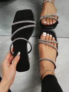 Eladyva Women's Flat-Soled Sandals Square Toe Diamond With Black Sandals, Exquisite Holiday Street Models - Black - View 1
