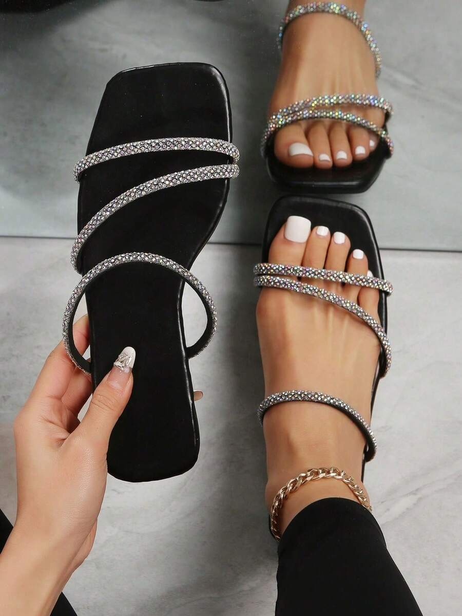 Eladyva Women's Flat-Soled Sandals Square Toe Diamond With Black Sandals, Exquisite Holiday Street Models - Black - View 1