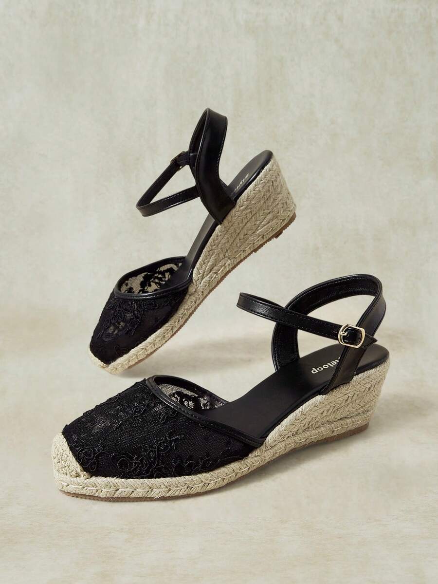 Styleloop Spring And Summer Casual Hemp Rope Bottom L Black Lace Mesh Ankle Strap Women's Slope Heel Platform Sandals Daily Commute Simple Vacation Travel Pasto - Black - View 1