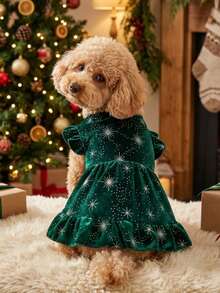 PETSIN 1pc Premium Pet Snowflake & Star Print Velvet Dress, Christmas, Green - Multicolor - View 2