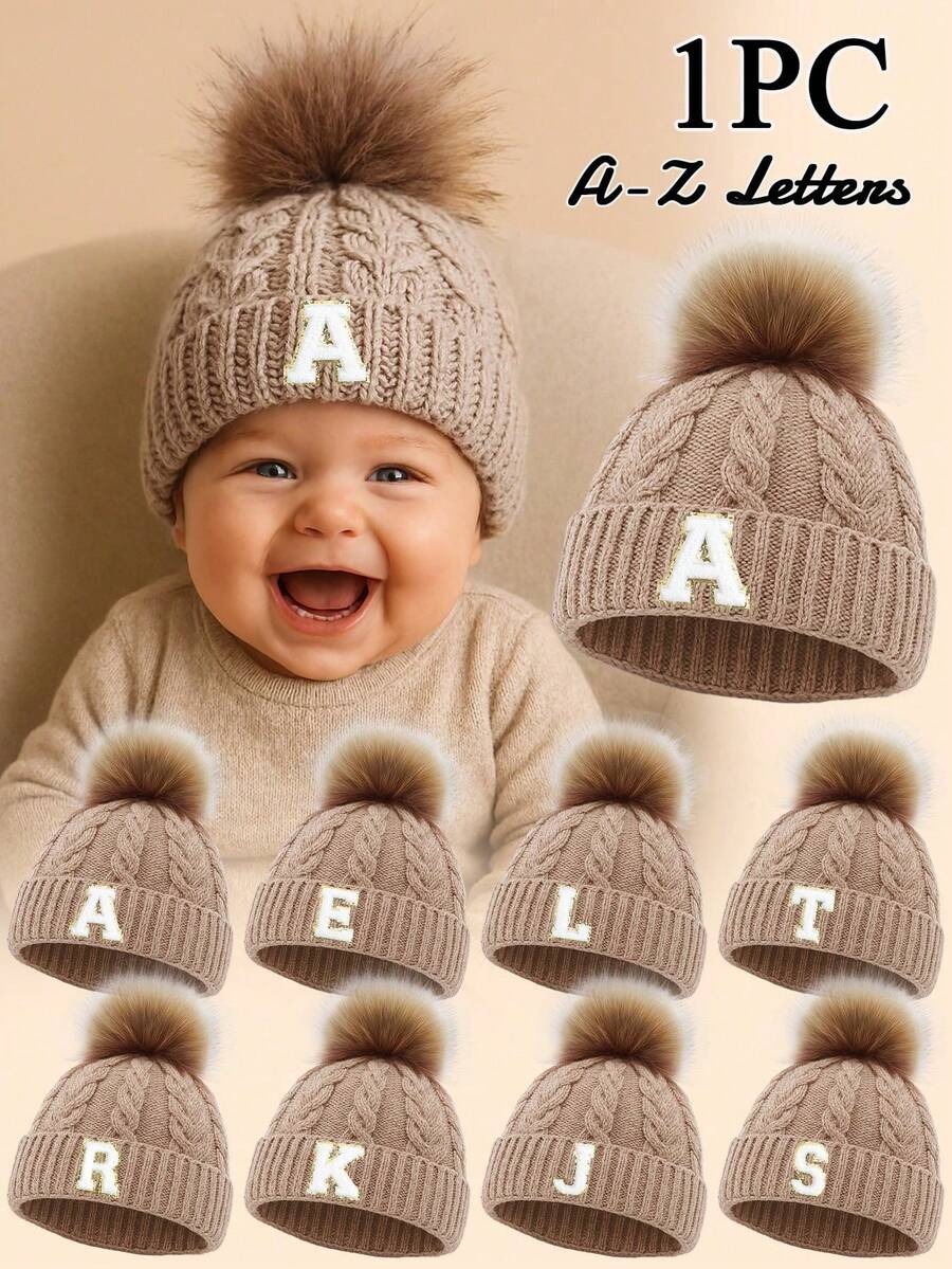 1PC Children's Apricot Hairball 26 Letters Cloth Patch Twist Knitted Autumn And Winter Cold Hat, Vertical Ribbed Flanged Autumn And Winter Pullover Ha - Apricot - View 1