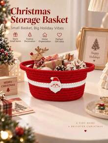 1PC Rope Decorative Storage Basket Red Christmas Edition For Bedroom Living Room Bathroom Dorm Home Decor Laundry Organization Supplies - Red - View 8