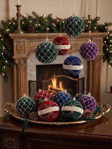 9Pcs 8cm Velvet Shatterproof Ornament Set Gold Bead Floral Pattern Christmas Tree Hanging Decorations For Holiday Party Home Winter Festival Xmas Decor. - multicolor - View 5