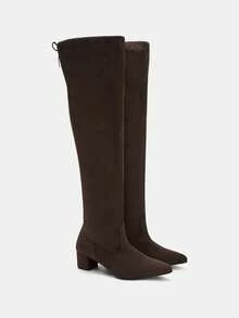 CUCCOO CURVES Tall Pleated Trouser Boots, Low-Heeled Knee-High Boots - Coffee Brown - View 1