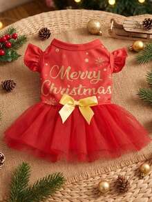 PETSIN Christmas Letter Print Mesh Contrast Pet Dress - Multicolor - View 1