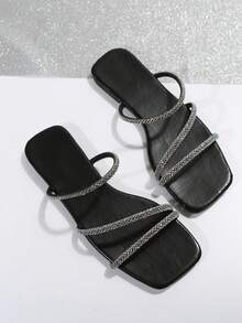 Eladyva Women's Flat-Soled Sandals Square Toe Diamond With Black Sandals, Exquisite Holiday Street Models - Black - View 2