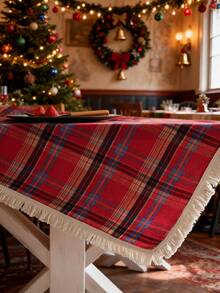 Cirelle Christmas Plaid Tablecloth With Fringe - Festive Red Tartan Plaid Table Cover, Washable Holiday Table Cloth With Tassels For Dining Room, Kitchen & Party - Red - View 7
