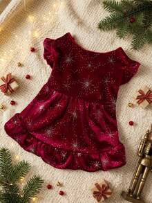 PETSIN 1pc Luxury Pet Velvet Snowflake & Star Print Dress, Christmas Outfit - Multicolor - View 1