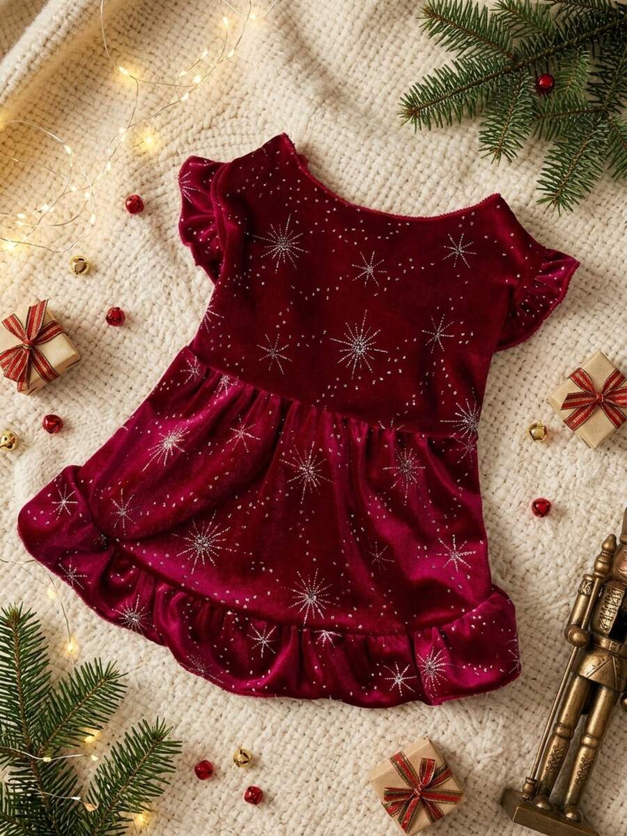 PETSIN 1pc Luxury Pet Velvet Snowflake & Star Print Dress, Christmas Outfit - Multicolor - View 1