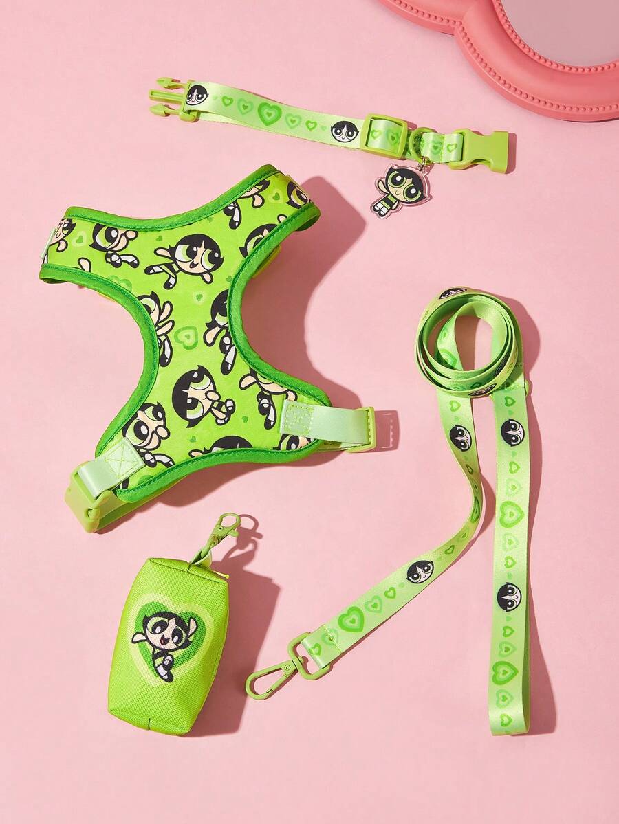THE POWERPUFF GIRLS X SHEIN Universal Cartoon Character Printed Pet Walking 4-In-1 Set, Printed Vest Harness With Leash, Collar & Waste Storage Pouch, Outdoor Walking Gear For Dogs & Cats, Different Sizes - Green - View 1