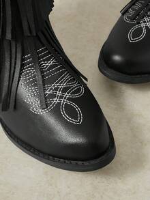 Styleloop Sepatu Bot Pendek Koboi Barat Berlipit Gaya Retro Klasik untuk Wanita, Hak Tebal Lancip, Ukuran Sedang, Cocok untuk Musim Gugur dan Musim Dingin, Sepatu Bot Ksatria Serbaguna - Hitam - View 2