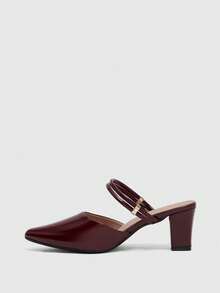 CUCCOO BIZCHIC Double Thin Belt Metal Buckle Pointed Toe Wedge Heel Middle Heel Retro Glossy Burgundy Mules Commuter Wear Slippers Fall Shoes - Burgundy - View 4