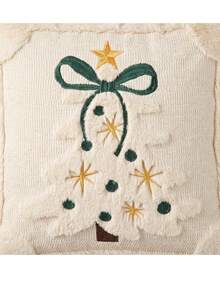 Cirelle 1pc/2pcs Christmas Decorative Pillow Cover, Cream White Textured Throw Pillow Case With Embroidered Christmas Tree, Cozy Festive Cushion Cover For Sofa Bed Holiday Home Decor - Beige - View 3