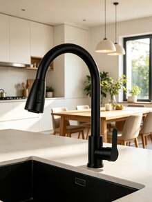 1 vòi bếp rút hiện đại 1 lỗ, tay gạt đơn, vòi cao cung bằng thép không gỉ, mạ niken, xoay 360°, điều khiển dòng chảy 2 mức, dùng cho bếp gia đình, phòng ăn, phòng tắm, xe RV, chậu rửa, rửa xe - màu đen - Xem 5